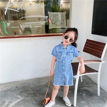 

Summer New Arrival Korean style cotton fashion soft denim short sleeve dress with snap buttons for cool cute baby girls