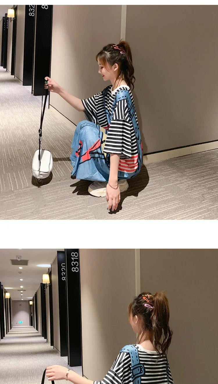 Dress Women Striped Cartoon Printed Oversize Hot Selling Long Dresses Graphic Ulzzang Female Lovely Chic Streetwear Popular Maxi