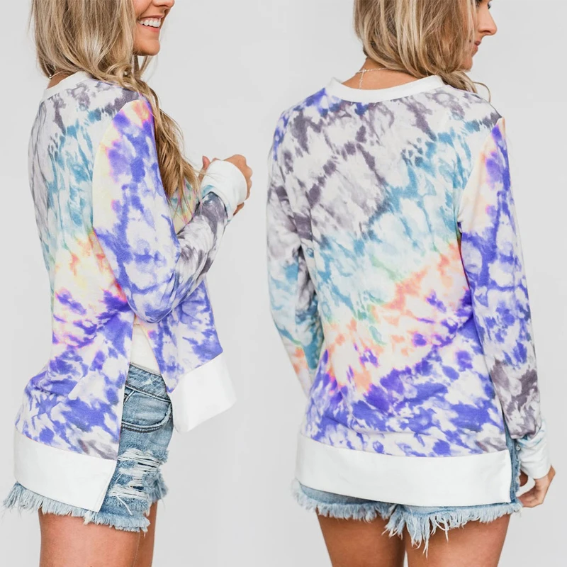 

Extend Split Hem T Shirt Women Tie Dye Rainbow Autumn Long Sleeve Female T-shirt Girl Hip Hop Pullover Tops Tee Hiphop Tshirt
