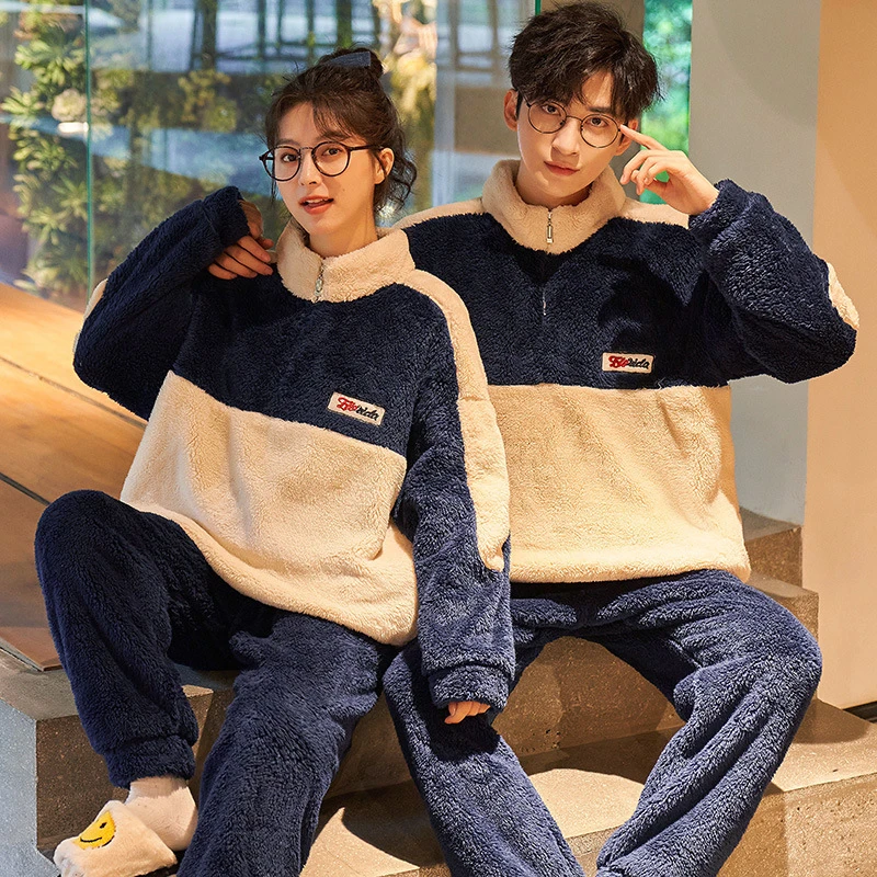 

QSROCIO High Quality Women's Pajamas Set Cute Flannel Sleepwear Casual Homewear Men Couple Thick and Warm Winter Pyjamas Femme