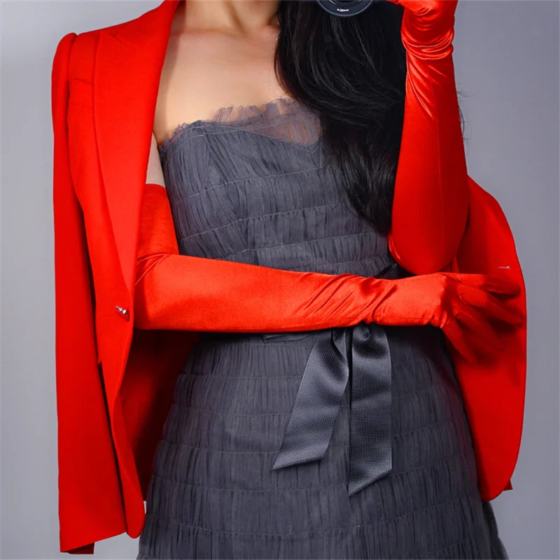 Silk Gloves Female 58cm Elastic Silk Satin Large Red Red Long Paragraph Elbow Sunscreen Gloves SCDH58