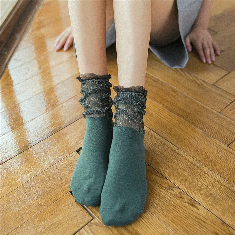 Women Retro Lace Ruffle Midi-Tube Socks Female Crystal Silk Ultrathin Sock Sexy Mesh Frill Trim Transparent Summer Women's Socks