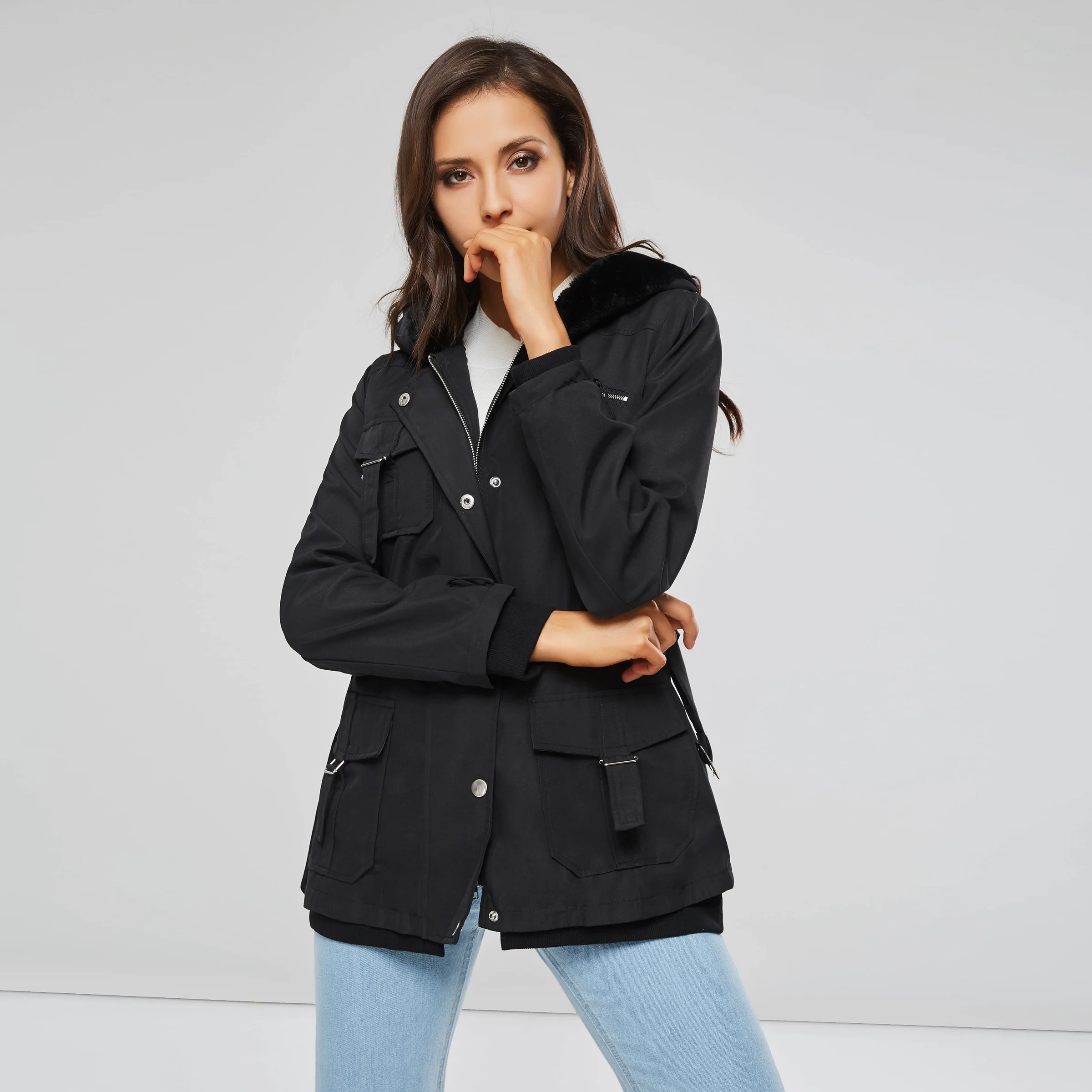 Finest  2019 Cotton Women Jackets Goth Winter Warm OL Slim Coat Thin Hooded Zipper With Belt Coats Black Go