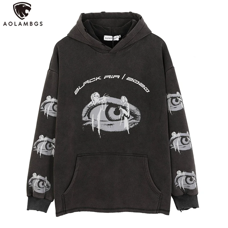 

Aolamegs Eyes Demon Print Big Pockets Distressed Men Hoodie Hooded Winter Oversized Punk High Street Fashion Sweatshirt Pullover