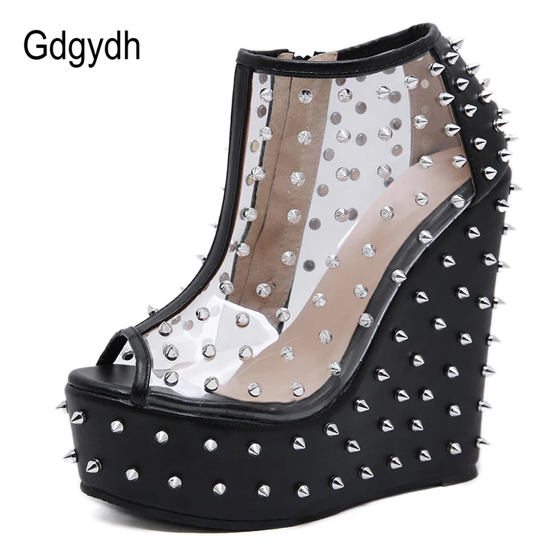 Женские ботинки с заклепками Gdgydh короткие на танкетке открытым носком из
