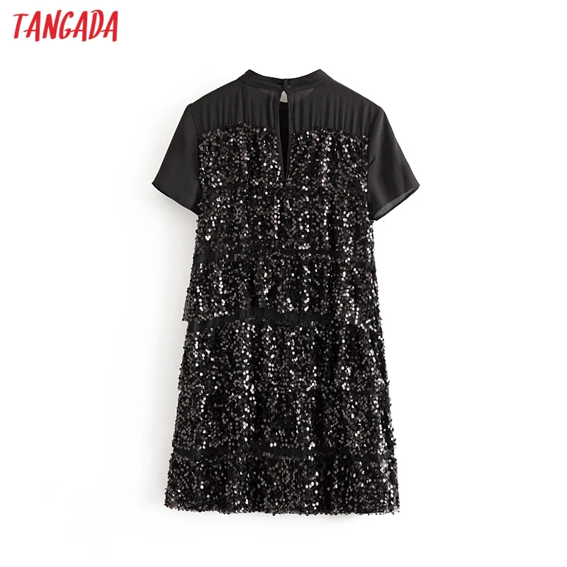 Tangada, женское сексуальное черное платье с блестками, круглый вырез, короткий рукав, Осень-зима, женское Новогоднее вечернее платье, vestidos 3H28