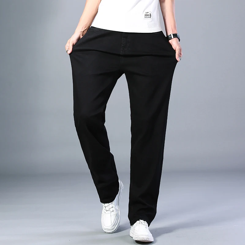2023 Summer New Men's Black Straight Thin Jeans Advanced Stretch Loose Business Casual Trousers Male Brand Pants Plus Size 42 44 5