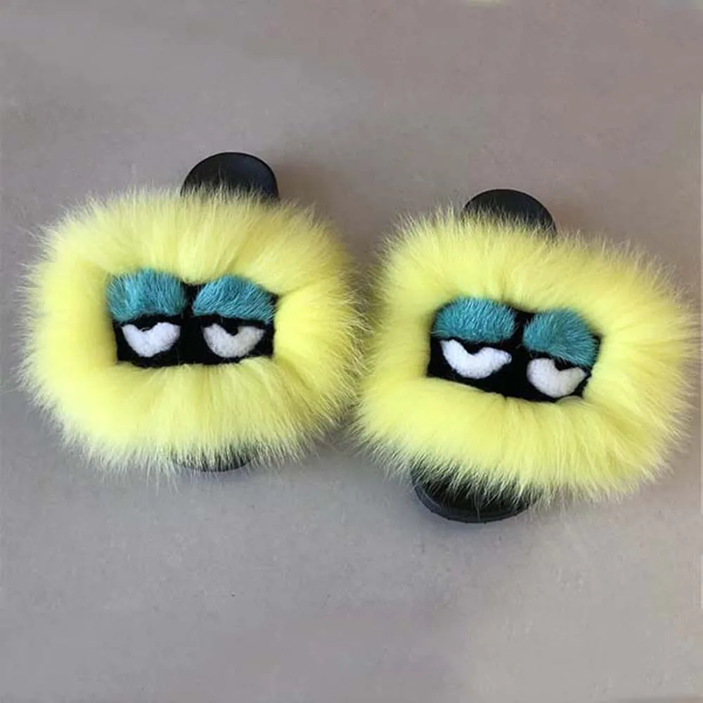 Yellow Маленькие монстры, Лисий мех, пушистые домашние тапочки, конфетти, сандалии с мехом для женщин, милые тапочки, плоская подошва, забавные меховые шлепанцы - Цвет: Yellow