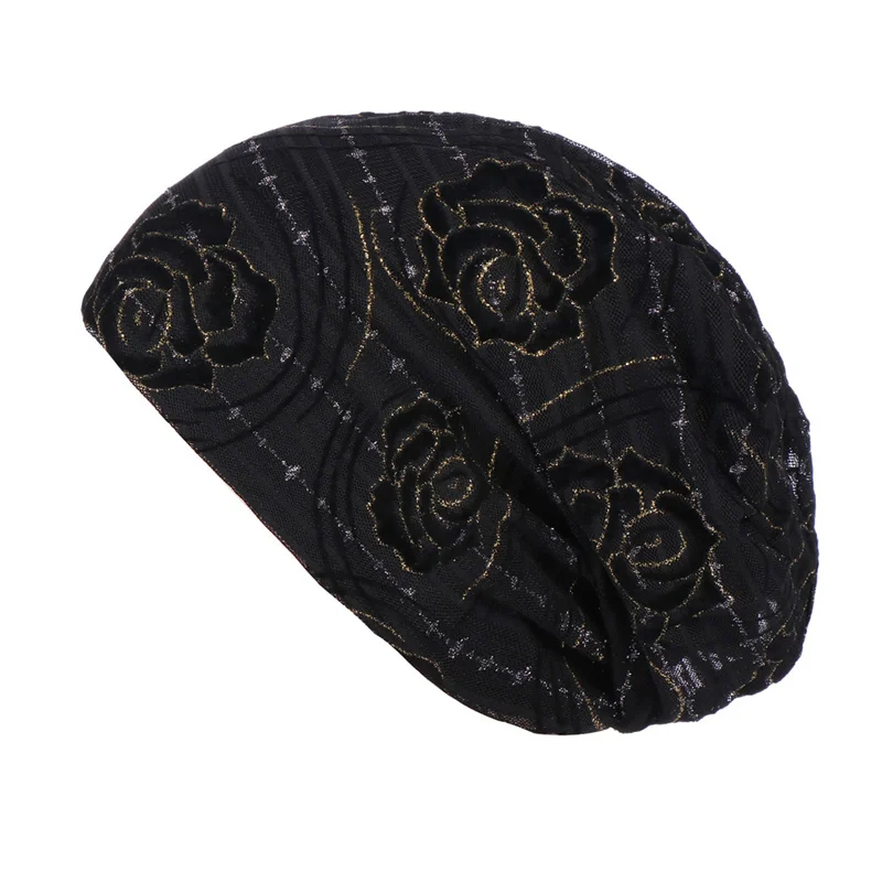 Creative Rose Flower Lace Turban Scarf Caps Summer Autumn Muslim Cap Chemo Beanie Hat Women Hair Accessories Female Head Wrap 5