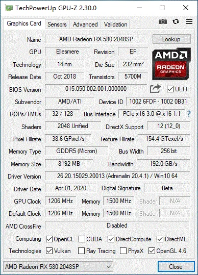 Видеокарта HUANANZHI RX 580 8G 2048 SP 256Bit GDDR5 6000MHz 1206MHz HDMI DVI DP 14Nm 896 единиц 150W видео