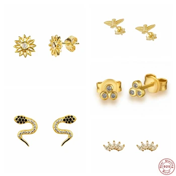 

925 Sterling Silver Fine Earring Pendientes Dorados for Lovers' Couples Woman Bling CZ Piercing Stud Earrings Jewelry