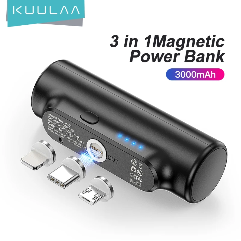 KUULAA 3000mAh Mini Magnet PowerBank Portable Charging Power Bank 3 In 1 Magnetic Black Power Bank For Xiaomi MI IPhone slim power bank