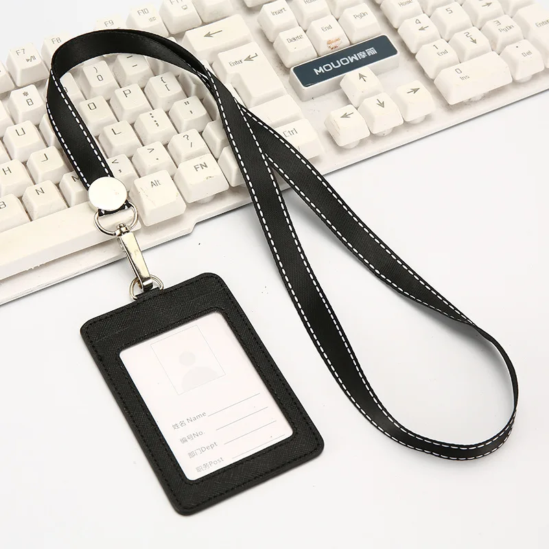 black With lanyard Новинка, держатель для кредитных карт из искусственной кожи, держатель для карт, студенческий мультяшный автобус, держатель для карт, кожаный чехол с ремешком, значок для имени работника - Цвет: black With lanyard