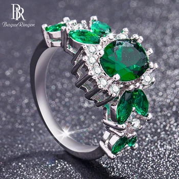 

Bague Ringen 925 Sterling Silver Women Emerald Ring With Round Shape Gemstones Silver Fine Jewelry Party Gift Size 6-10