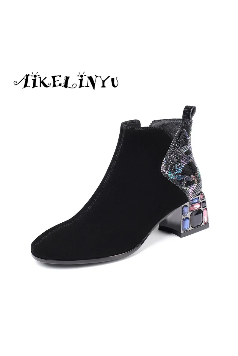 Aikelinyu/модные сапоги на высоком каблуке с кристаллами; женские ботильоны с квадратным носком; женская обувь из овечьей кожи; женская обувь для вечеринок; зимняя обувь
