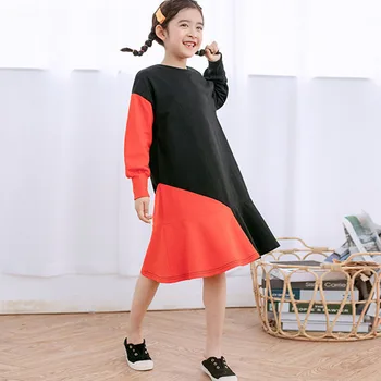 

4 6 8 10 12 14 Yrs kids teenager girls long sleeve color block cotton casual dress children girl fashion spring fall dresses