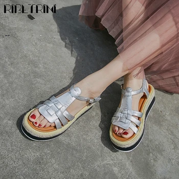 

RIBETRINI Genuine Leather Lady Platform Mixed Color Silver Casual Shoes Summer Women Sandals Flip Flop Flat Sandals