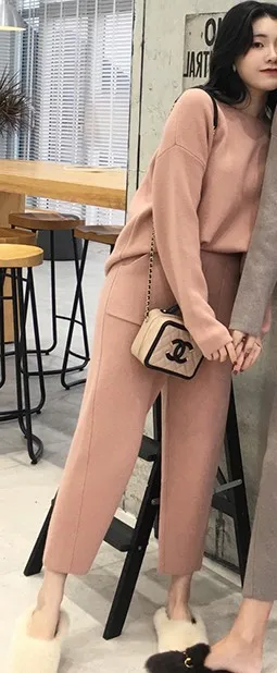 Orange pink Женский комплект 2 шт. свитер из двух частей, вязаный комплект, тонкий спортивный костюм, Осень-зима, модный свитер, пуловер, спортивные штаны, женский костюм - Цвет: Orange pink