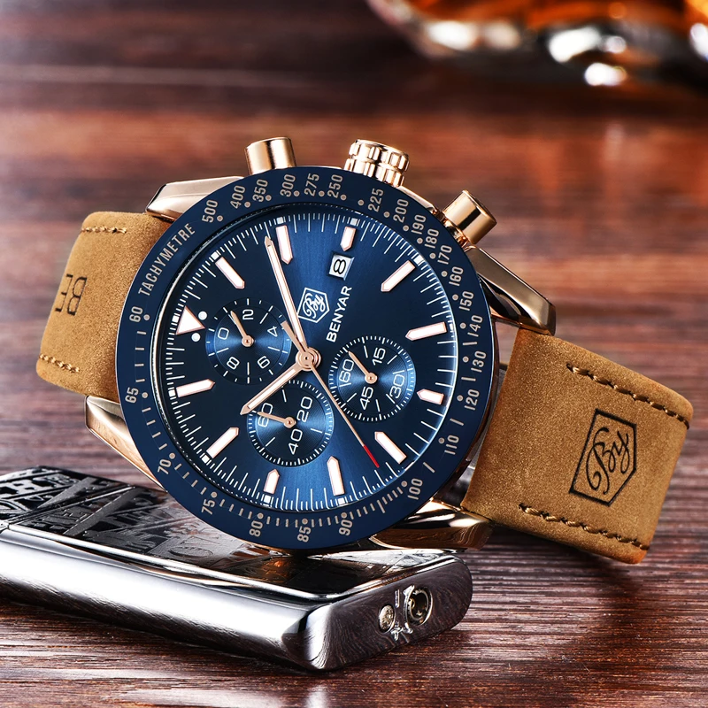 Новые мужские часы BENYAR Роскошные брендовые кожаные водонепроницаемые спортивные Кварцевые Хронограф военные часы мужские часы Relogio Masculino