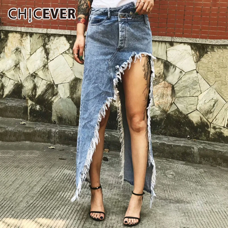

CHICEVER Tassel Denim High Waist Skirt Women Loose Big Size Hollow Out Irregular Skirts Female Fashion New Clothes 2019 Summer