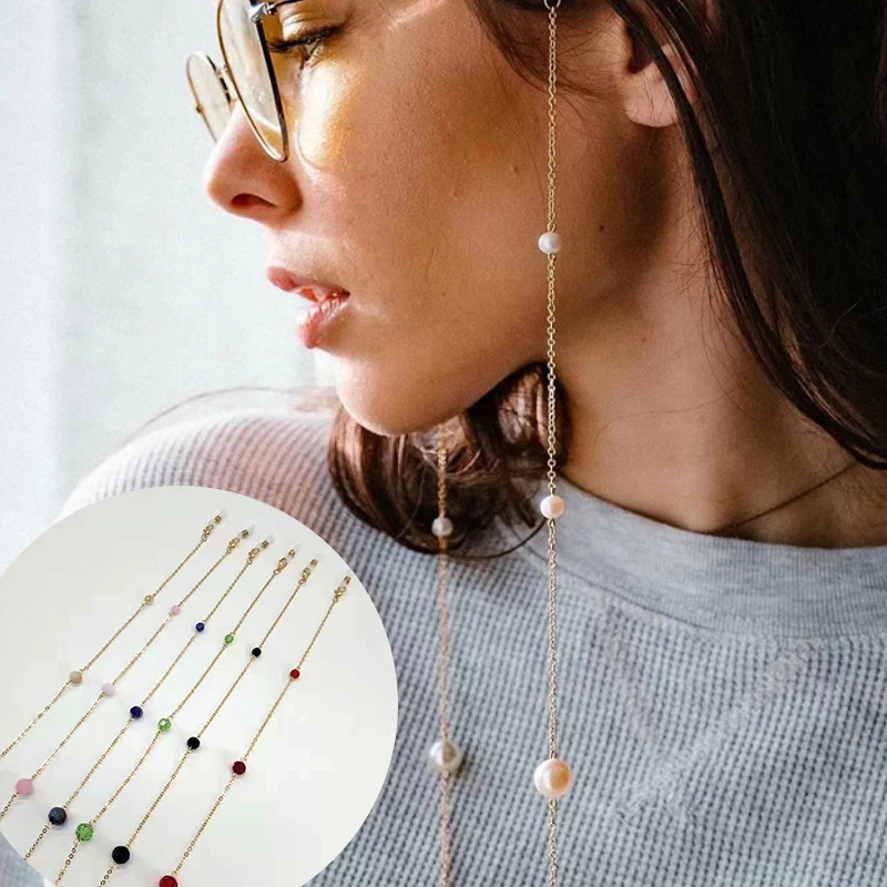 Color Crystal Bead Pearl Eyeglass Chain Eyewear Holder Strap Sunglass Retainer sunglass accessory Women Gift Necklace | Аксессуары для