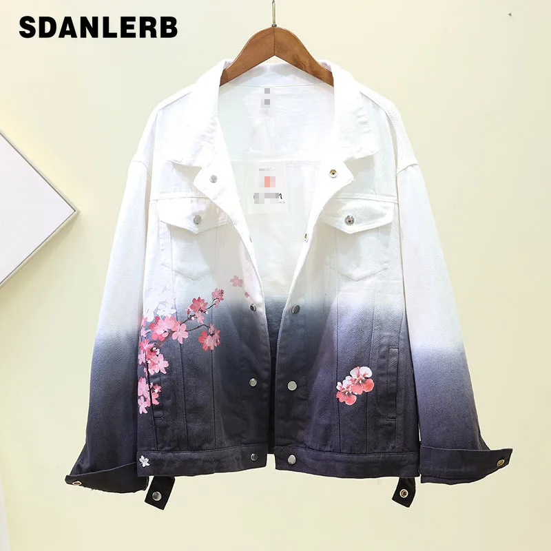 

Autumn Streetwear Jacket for Women and Men 2019 New Gradually Changing Flower Denim Short Jacket Women Casual Lovers Jackets