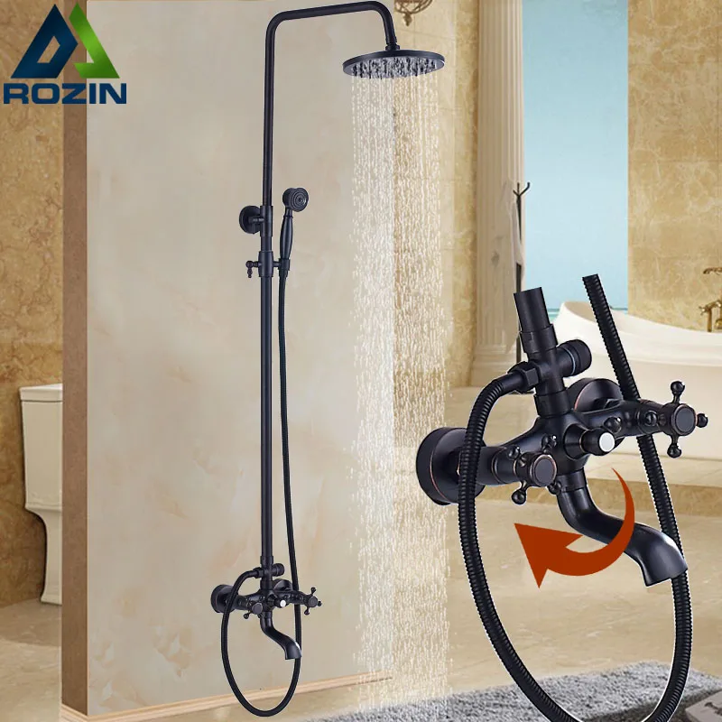 Bronze Black Shower Mixer Faucet 8" Brass Rainfall Bath Shower Set with 30cm Extend Tube Swive Tub Spout