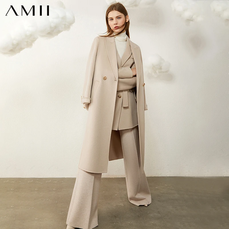 Amii Minimalism Winter Coat Women Fashion Solid 100%wool Belt Calf ...