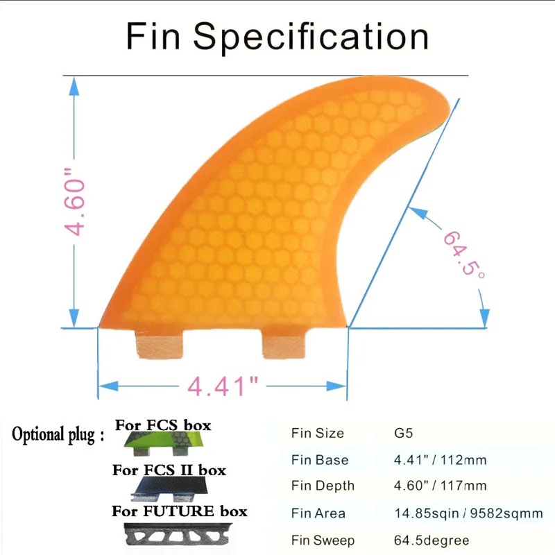 BiLong FCS производительность ядро ПК три-набор для серфинга плавники 3-fin G5 размер стекловолокна сотовые плавники M Размер желтый FCS плавники