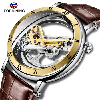 

Forsining Double Side Transparent Automatic Men Watch Leather Strap Men Wristwatch Top Brand Luxury Male Clock Relogio Masculino