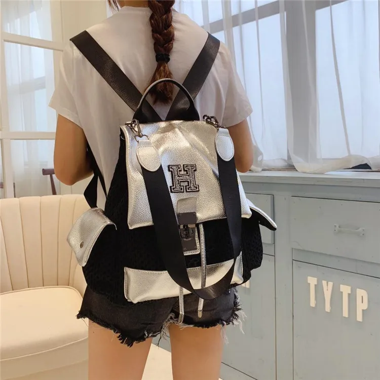 

2020 New Style Women's Backpack Korean-style H Lettered Pull-belt Cracked CD Anti-Theft Backpack Nylon Cloth WOMEN'S Bag