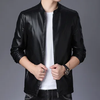

2020 autumn winter New Stand Collar PU Leather Jacket Men Slim Korean Trendy Handsome Motorcycle leather coat fashion streetwear