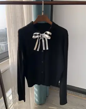 

Bowknot Black Cardigan Autumn Winter Soft Wool Hit Color Bowknot Knitted Sweater Jacket