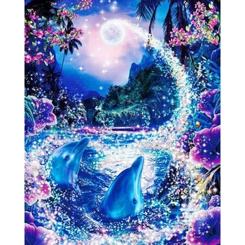 

5D DIY Diamond Art Painting Dolphin Drill Round Diamond Embroidery Picture Rhinestone Diamond Mosaic Cartoon Home Decor