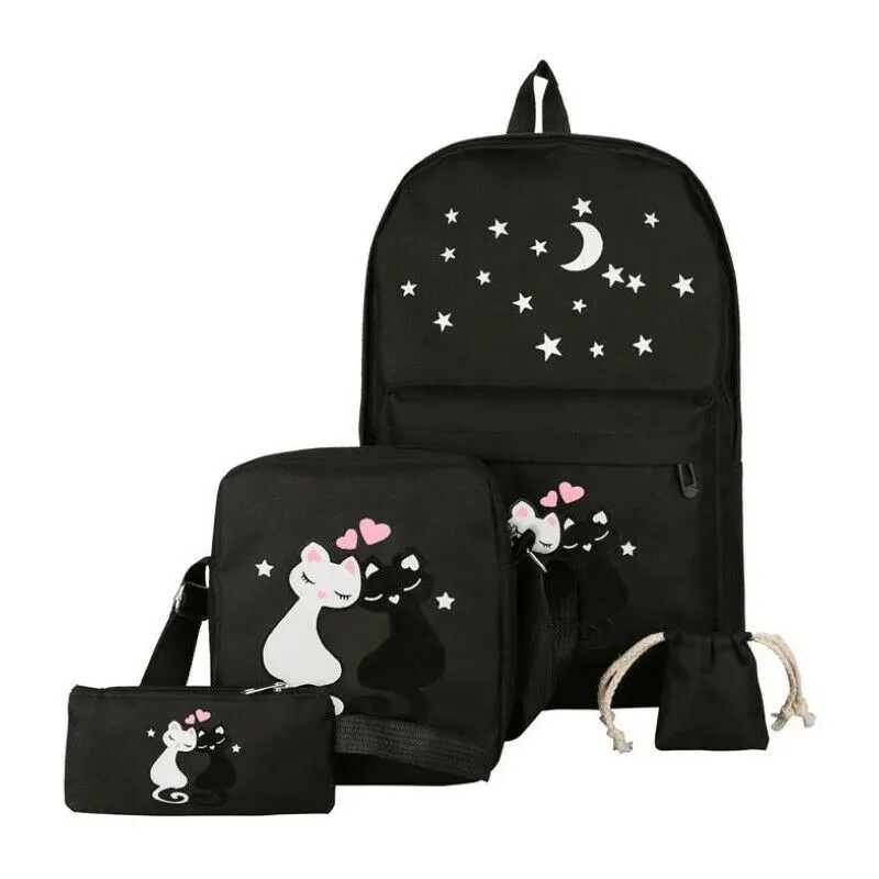 New Casual Cartoon Backpack Ladies Girls Women Print Bag Medium Large Rucksack School Travel Canvas Bags 4 pcs Sets - Цвет: 9