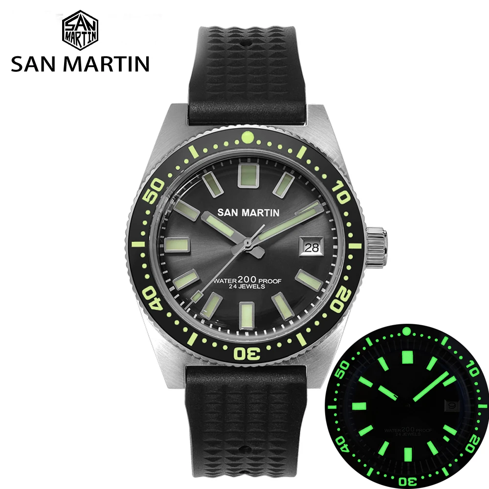 Skup San Martin 62Mas Diver automatyczny mechaniczny zegarek męski NH35 ceramiczna ramka szkiełka zegarka ze stali nierdzewnej Sunray Dial gumowy kalendarz Luminous