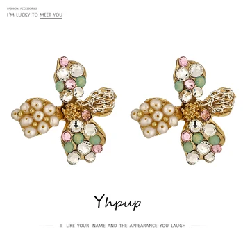

Yhpup Elegant Flower Stud Earrings for Women Temperament Natural Pearl Jewelry Luxury Rhinestone Crystal Earrings for Women New