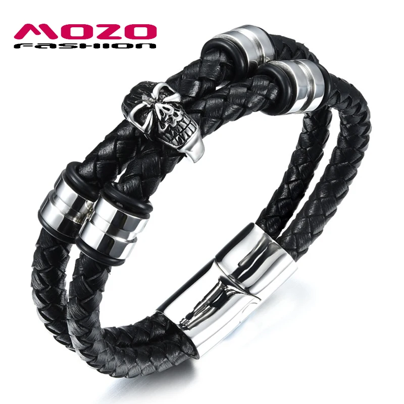 Charm Skull Bracelets & Bangles Men Stainless Steel Double Layer Black Leather Chain Punk Fashion Jewelry PS2099