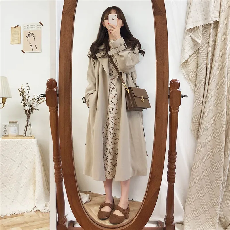 

British Style Khaki Trench Coat Women 2020 New Spring Autumn Mid-length Double Breasted Solid Color Windbreaker Ladies Clothes