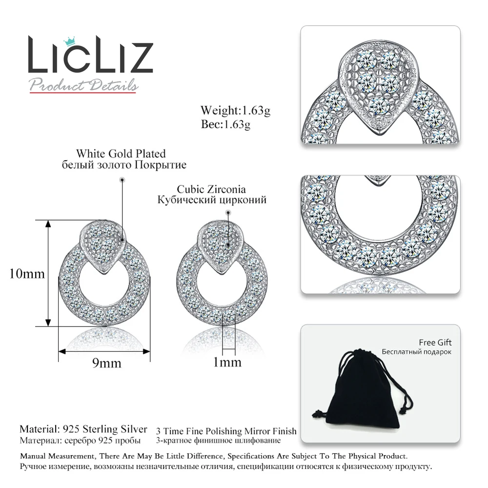 LicLiz, 925 пробы, серебряные, в форме капли воды, круглые серьги-гвоздики для женщин, проложенные прозрачным цирконием, ювелирные изделия, Brinco Bijoux Femme LE0352