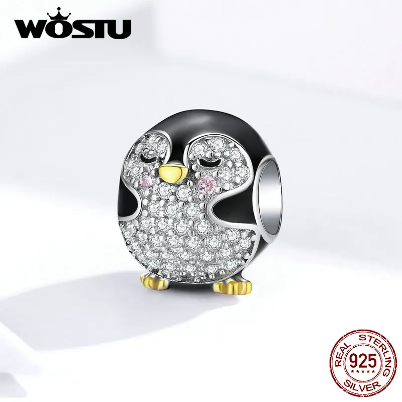 WOSTU, 925 пробы, серебряный, пухленький Пингвин, бисер, циркон, черный, талисманы, подходят к оригинальному браслету, ожерелье для женщин, Прекрасные Ювелирные изделия BNC126