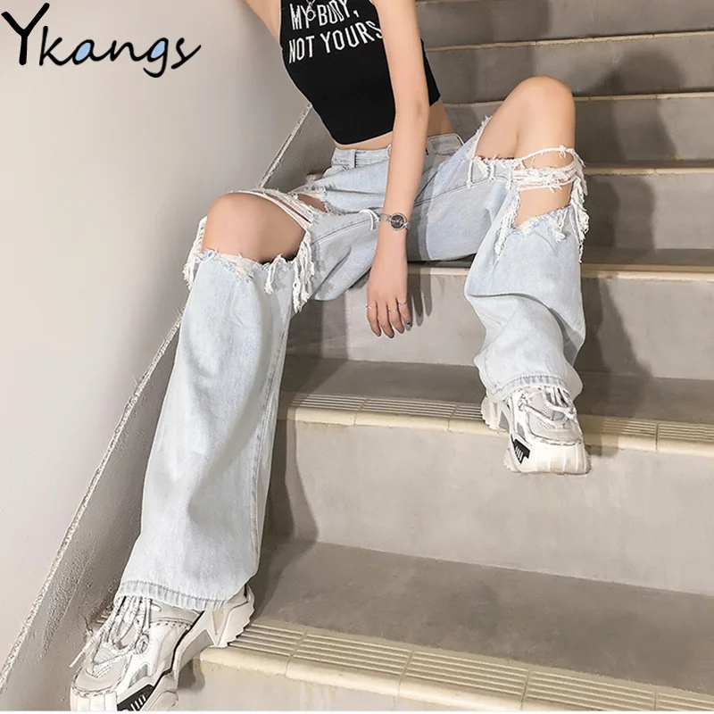 

Ripped high waist Mom Jeans Women's boyfriend Loose Thin denim Pants Breeches Overalls Summer Vintage Female Torn Trousers
