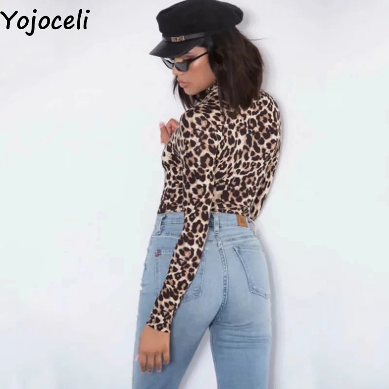 Yojoceli, сексуальный леопардовый Облегающий комбинезон с высоким воротом, комбинезон, Осенний Базовый теплый элегантный боди, повседневные милые короткие комбинезоны