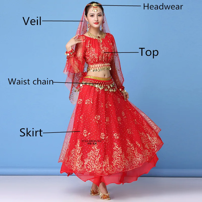 Red 5pcs Bollywood Dress Costume Women Set Indian Dance Sari Belly Dance Outfit Performance Clothes Chiffon Top+Skirt+Waist chain 8pcs - Цвет: Red 5pcs