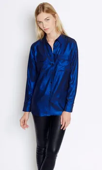 

NEW EQ 100% real silk women long sleeve blouses Gold plated with glossy gold foil double pockets