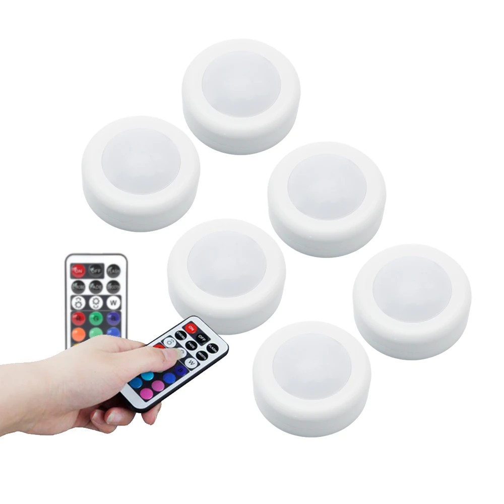 

New RGBW Dimmable Wireless Remote Control LED Puck Lights Touch Sensor LED Cabinet Lamps for Wardrobe Stair Hallway Night Light