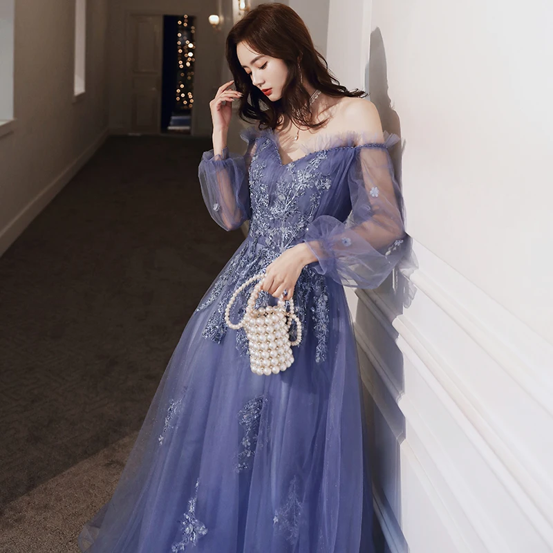 Изысканное женское вечернее платье голубого цвета Qipao Mexi Cheongsam Элегантное Длинное Сетчатое китайское платье с рукавами-фонариками Vestidos De Festa