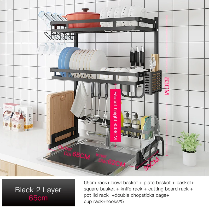 Модернизированный 2 Слои подставка для кухонной раковины Нержавеющая сталь чаша тарелка сушилка губка раковина кухонный стеллаж Органайзер - Цвет: Black 65cm 2 Layer