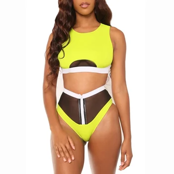 

Women Swimsuit 2020 Sexy High Waist Bikini Swimwear Female Mesh Zipper Patchwork Brazilian Bikini Set Biquini Bathing Suit