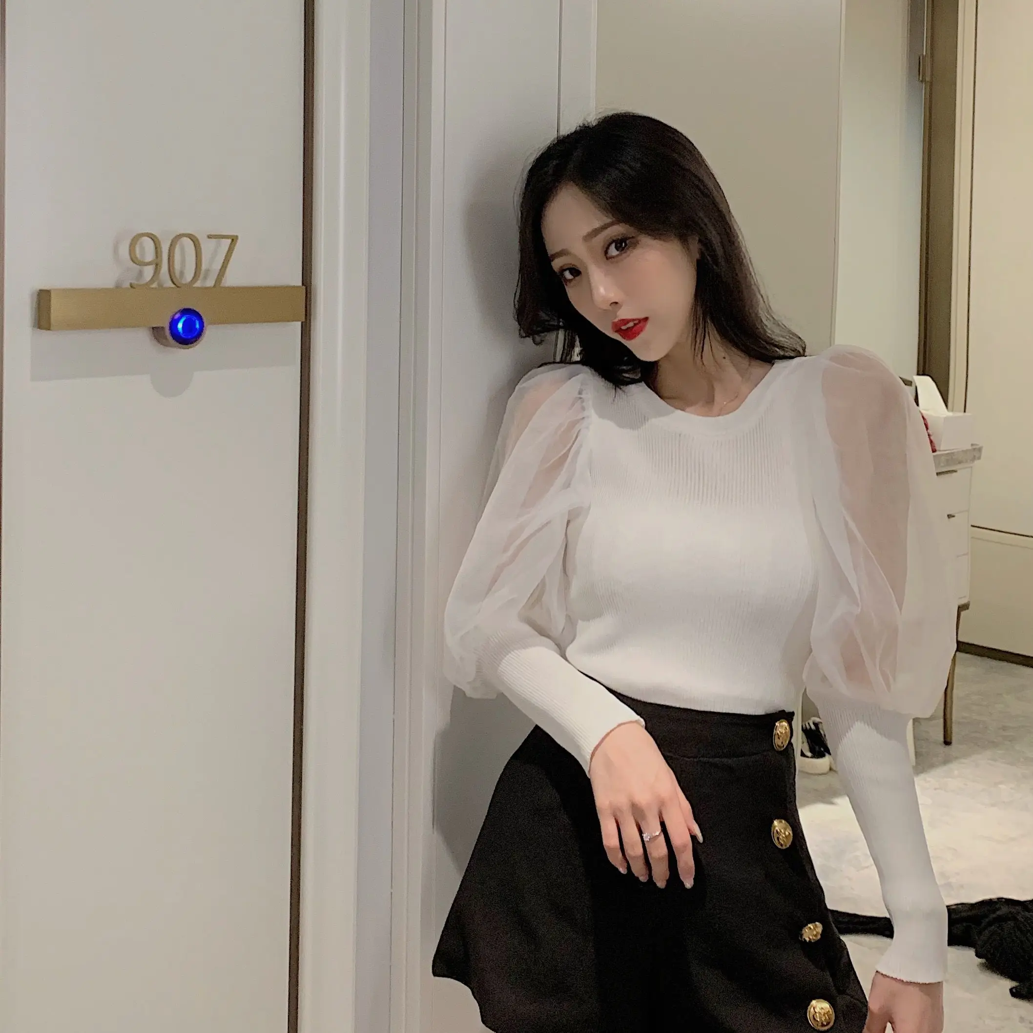2021 New Mesh Top Long Sleeve Puff Sleeve Top Knitted Women Blouse Slim Fit  Korean Fashion Clothing Solid Color Black White - Women Blouse - AliExpress